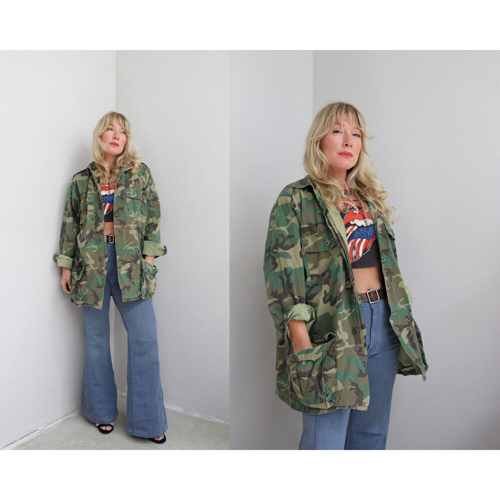 1980's Vintage Oversized Army Woodland Jacket ~ Women's MD LG  XL ~ Men's SM MD